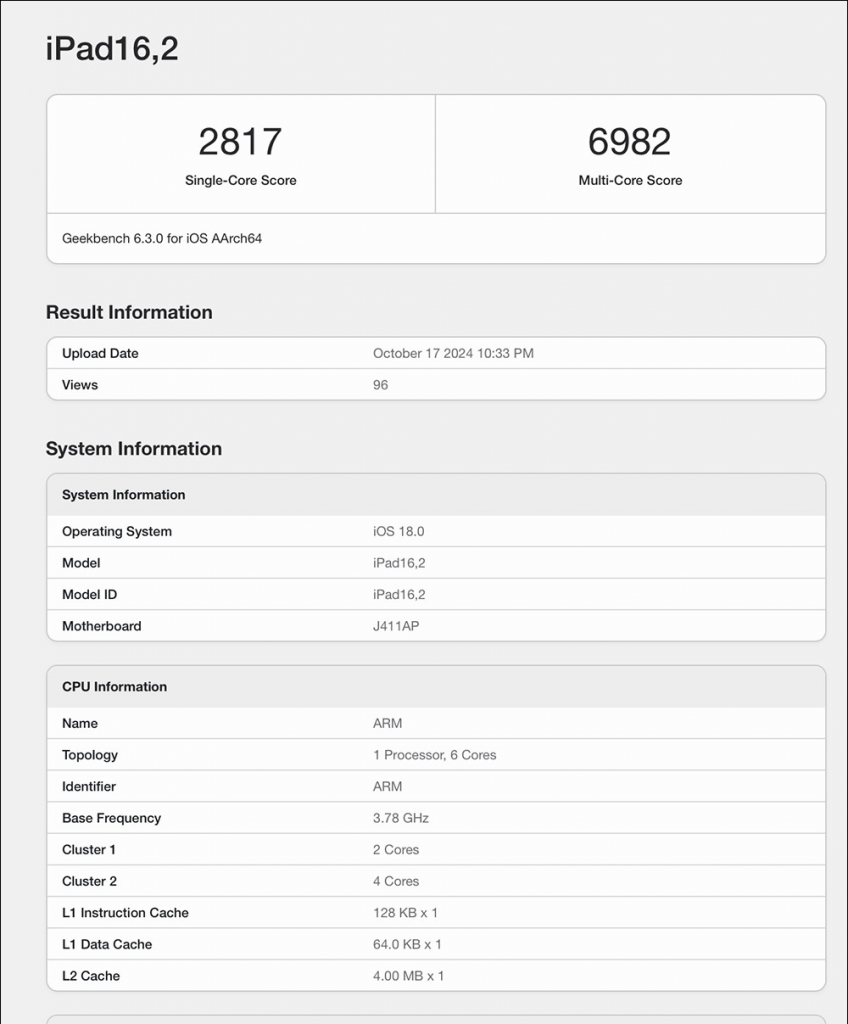 iPad mini 7 证实为 8GB RAM ， GPU 少一核心的 A17 Pro ，跑分成绩略低于 iPhone 15 Pro